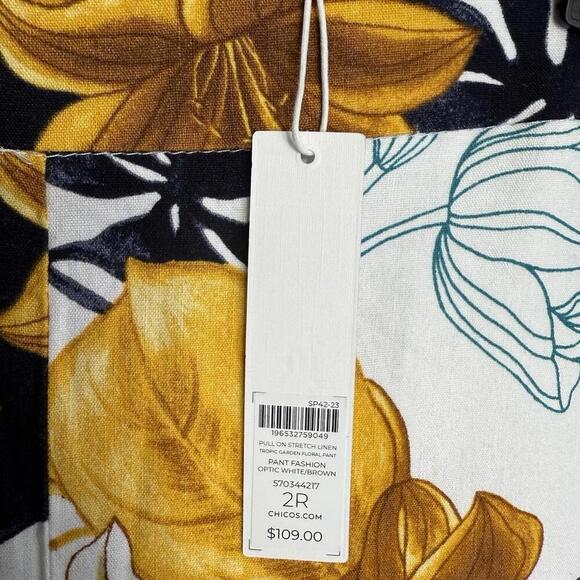CHICO'S NWT $109 Pull On Stretch Linen Tropic Floral Pants Size 2 R US 12 - Picture 4 of 9